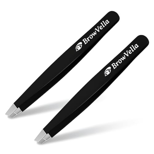 BrowVella Precision Slant Tip Eyebrow Tweezers - Black Stainless Steel