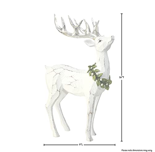 Christmas Frosted Mistletoe Deer Figurine - 16 Inch White Holiday Decor