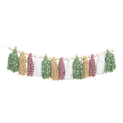Christmas Wood Bead Tassel Garland - Boho Holiday Mantle & Wall Decor