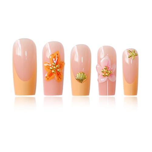 Long Square Press On Nails Yellow French Acrylic False Nails with Shell Design & Rhinestones