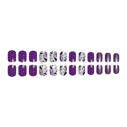 Purple Halloween Press on Nails Short Square Glitter False Nail Tips
