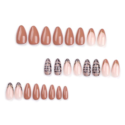 Fall Press on Nails Almond French Tips Nude Brown Gold Glitter Medium