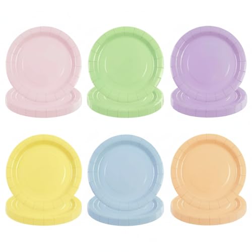 BOKFJBP 48Pcs Pastel Rainbow Paper Plates - 7 Inch Disposable Party Plates Set