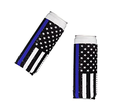 Thin Blue Line Collapsible Beer Can Cooler Sleeves - 2 Pack - Slim Size 12 oz