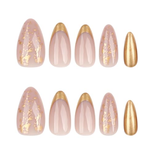 French Tip Press on Nails Medium Almond Gold Foil Fake Nails 24PCS