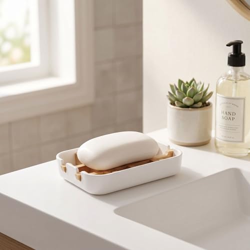 Bamboo Soap Holder with Removable Drainage Rack - White