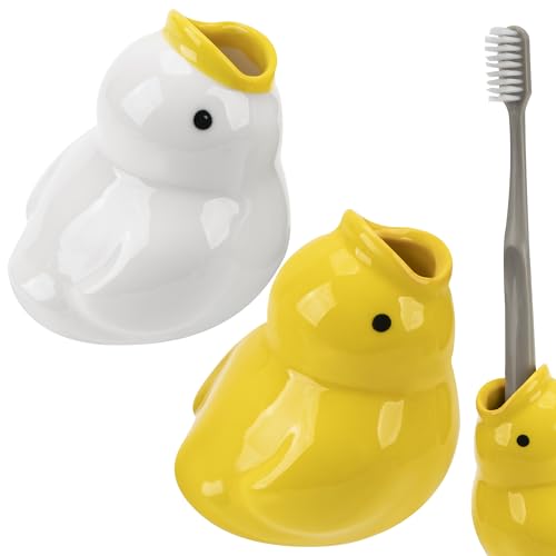 Ceramic Duck Toothbrush Holder Set - Cute Vanity Organizer (Yellow & White)