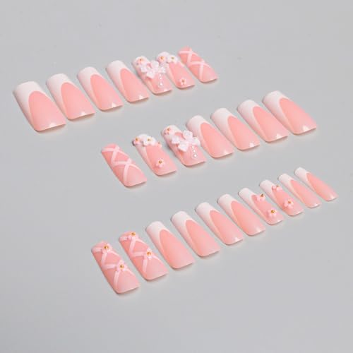 Pink Floral Press on Nails Long Square Reusable False Nails with Bows 24PCS