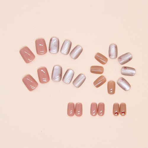 Short Square Heart Press on Nails Nude Glossy Gradient False Nails