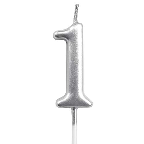 Silver Number 1 Birthday Candle Topper - Glitter Party Decoration