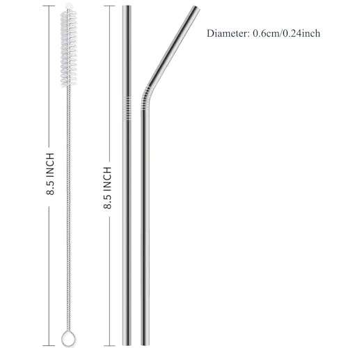Reusable Stainless Steel Straws Set - 16 Pack, 8 Straight & 8 Bent, 8.5 Inch