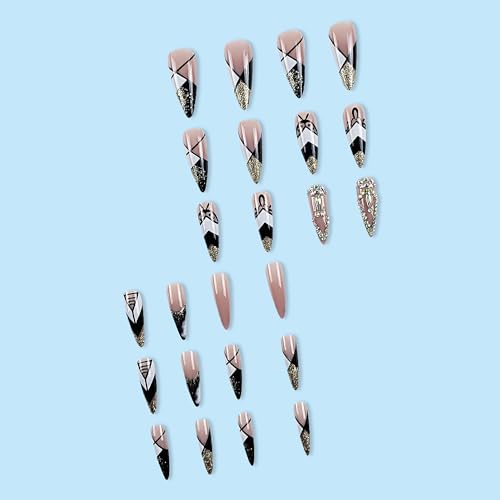 Long Coffin Press on Nails Rhinestone Gold Glitter French Fake Nails