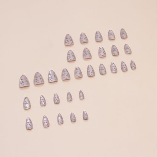 Short Almond Press On Nails Purple Floral Glitter Glossy False Nails
