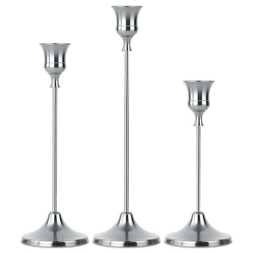 SylvaCraft 3-Piece Silver Metal Tapered Candle Holder Set for Table Decor