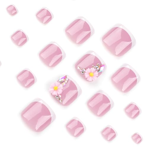 Teilihai White French Press on Toenails with 3D Daisy Charm Rhinestones