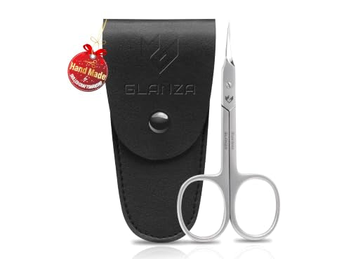 GLANZA Precision Cuticle Scissors - Extra Sharp Curved Stainless Steel Manicure Trimmer with Leather Case