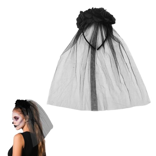 Halloween Floral Headband with Veil Gothic Black Flower Hair Piece