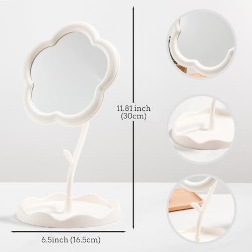White Flower Desktop Makeup Mirror with Organizer Tray - 360° Rotating