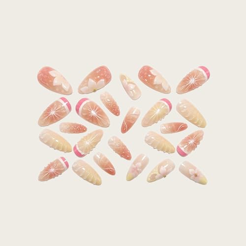 Sutaozhi Pink Flower Press On Nails Medium Almond Cherry Blossom Acrylic False Nails