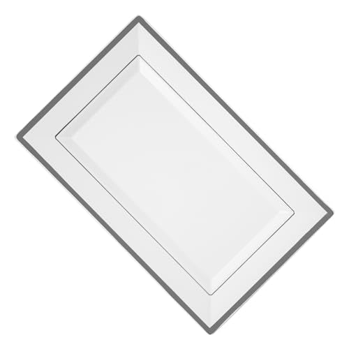 Restaurantware Moderna 11.5 x 7.3 Inch Premium Disposable Plates 100 Rectangular Plastic Plates For Parties - Silver-Rimmed Durable White Plastic Dinner Plates For Warm And Cold Foods