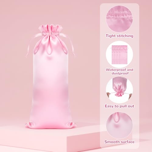 Alrhso 4 Pcs Pink Satin Wig Bags with Drawstring for Storage