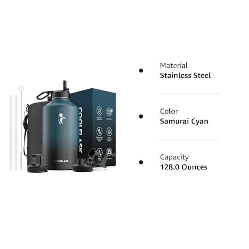 Coolflask 128 oz Gallon Water Bottle Insulated with Straw&3 Lids, Water Jug Large Stainless Steel Metal Vacuum Wide Mouth for Sports, Gym or Office, Non-BPA Keep Cold 48H Hot 24H, Samurai Cyan