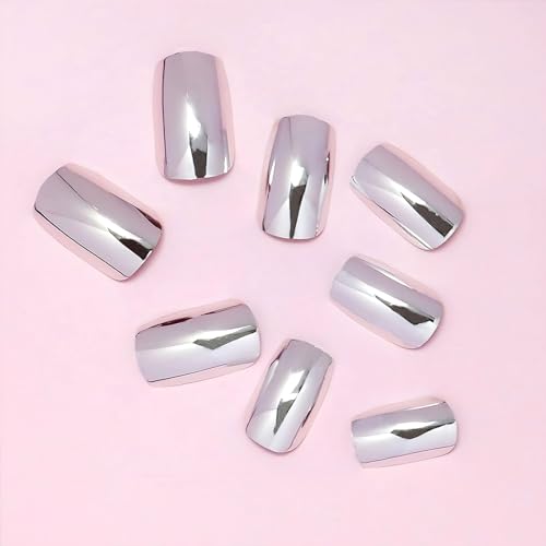BFY Short Square Silver Chrome Press On Nails - 24 Pcs Glossy Mirror Metal Acrylic False Nails Set with Tools
