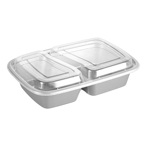 Restaurantware-Asporto 26 Ounce Compartment Take Out Boxes, 100 Microwavable Meal Prep Containers - 2 Compartments, With Clear Plastic Lids, Silver Plastic Food Containers, Do Not Contain BPA