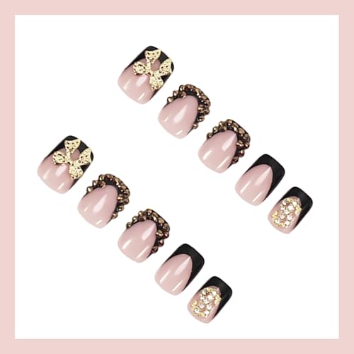 Black French Tip Press On Nails Short Square with 3D Gold Bow & Rhinestone