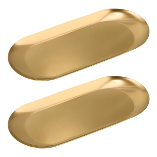 Vaincre 7" Gold Stainless Steel Oval Jewelry Tray - 2 Piece Decorative Set