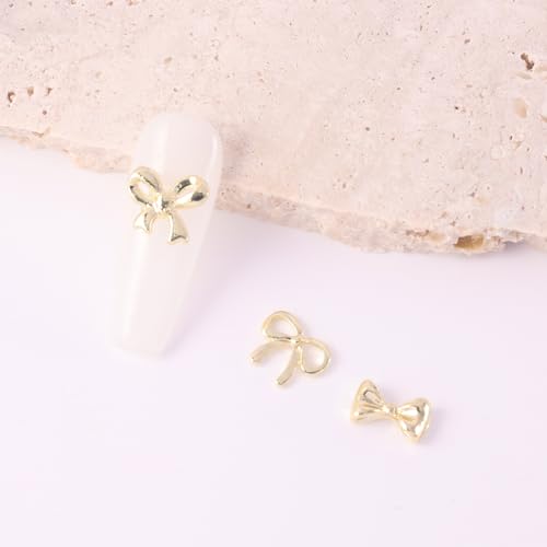 LUNARWHIRL 30 Pcs Metal Bow Nail Charms - 3D Golden Bowknot Gems