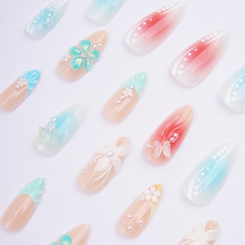 Blue French Tip Press On Nails Medium Almond Summer Fake Nails