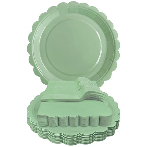 7-Inch Sage Green Scalloped Paper Plates and Napkin Set for 25 Guests