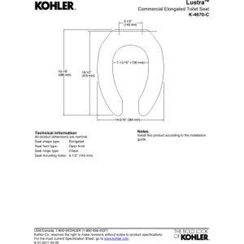 Kohler K-4670-C-0 Lustra Elongated Toilet Seat with Check Hinge, White