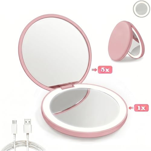 LED Rechargeable Compact Vanity Mirror - 1X/5X Magnification, Pink