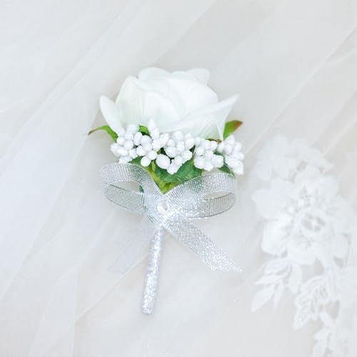 Artificial White Rose Corsage and Boutonniere Set for Wedding Prom