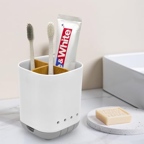 Detachable Bamboo Toothbrush Holder with 3 Slots - Grey Bathroom Organizer