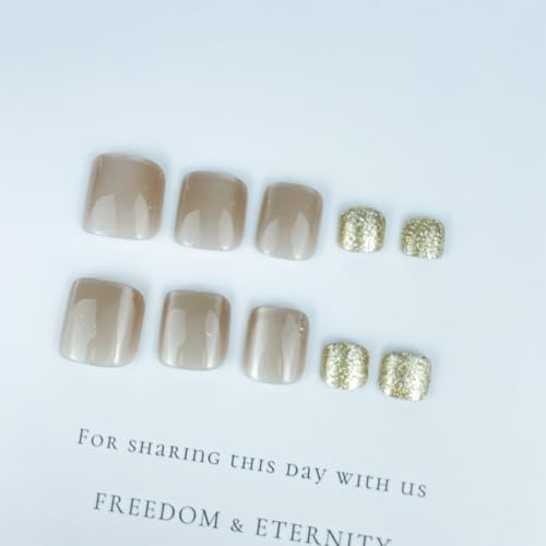 Glitter Press On Toenails Nude Square Fake Toe Nails with Rhinestones