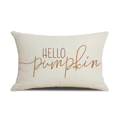 Hello Pumpkin Fall Lumbar Pillow Cover 12x20 Linen Autumn Decor
