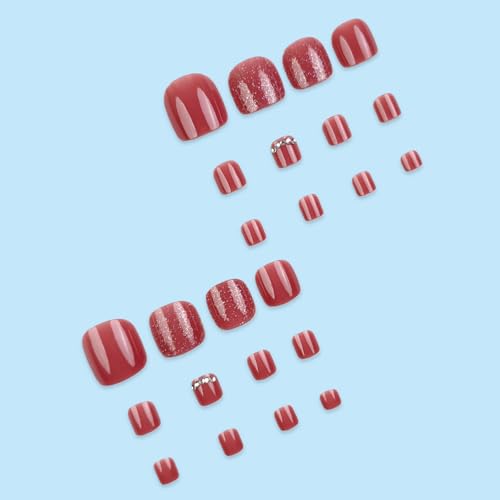 Wine Red Press on Toenails Glossy Square Fake Toe Nails with Rhinestones