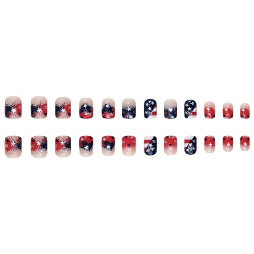 Hiynef 4th of July Short Square Press On Nails – Red & Blue Gradient with Silver Star & Glitter Acrylic False Nails (24 Pcs)