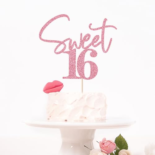 Pink Glitter Sweet 16 Cake Topper for Birthday Celebrations