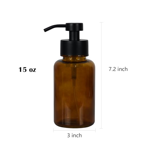 Amber Glass Foam Soap Dispenser with Black Pump - 15 oz