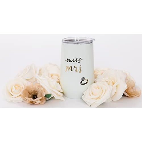 kate spade new york Insulated Bridal Stainless Steel Wine Tumbler, 16 Ounce Double Wall Tumbler for Bride to Be, Stemless Travel Cup with Lid, Miss to Mrs. (White)
