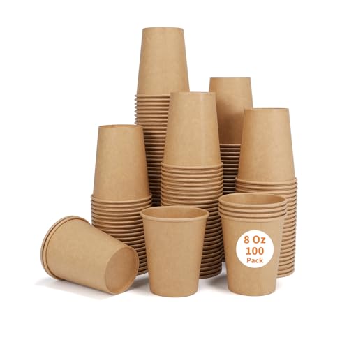 Walasaso 100 Pack 8 Oz Disposable Paper Coffee Cups - Leak Resistant & Durable