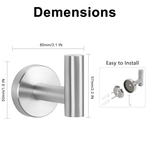 NearMoon Brushed Nickel Robe Hooks - Heavy Duty 4 Pack for Bathroom & Kitchen