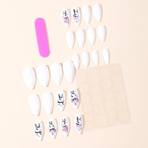 Easter Bunny Press on Nails Medium Almond Glossy White Fake Nails