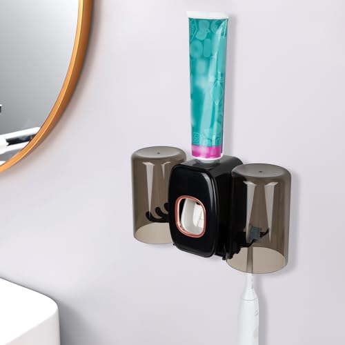 Wall Mounted Toothbrush Holder with Cover & 2 Mouthwash Cups - Black