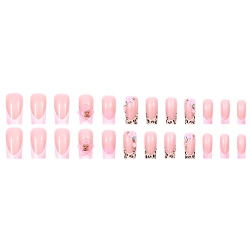 Pink Flower Press on Nails Long Square False Nails 3D Rhinestone