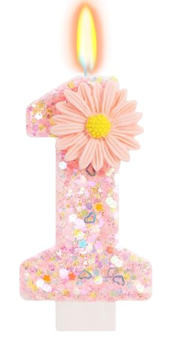 Pink Daisy Flower Number 1 Birthday Candle with Tray - Glitter Cake Topper